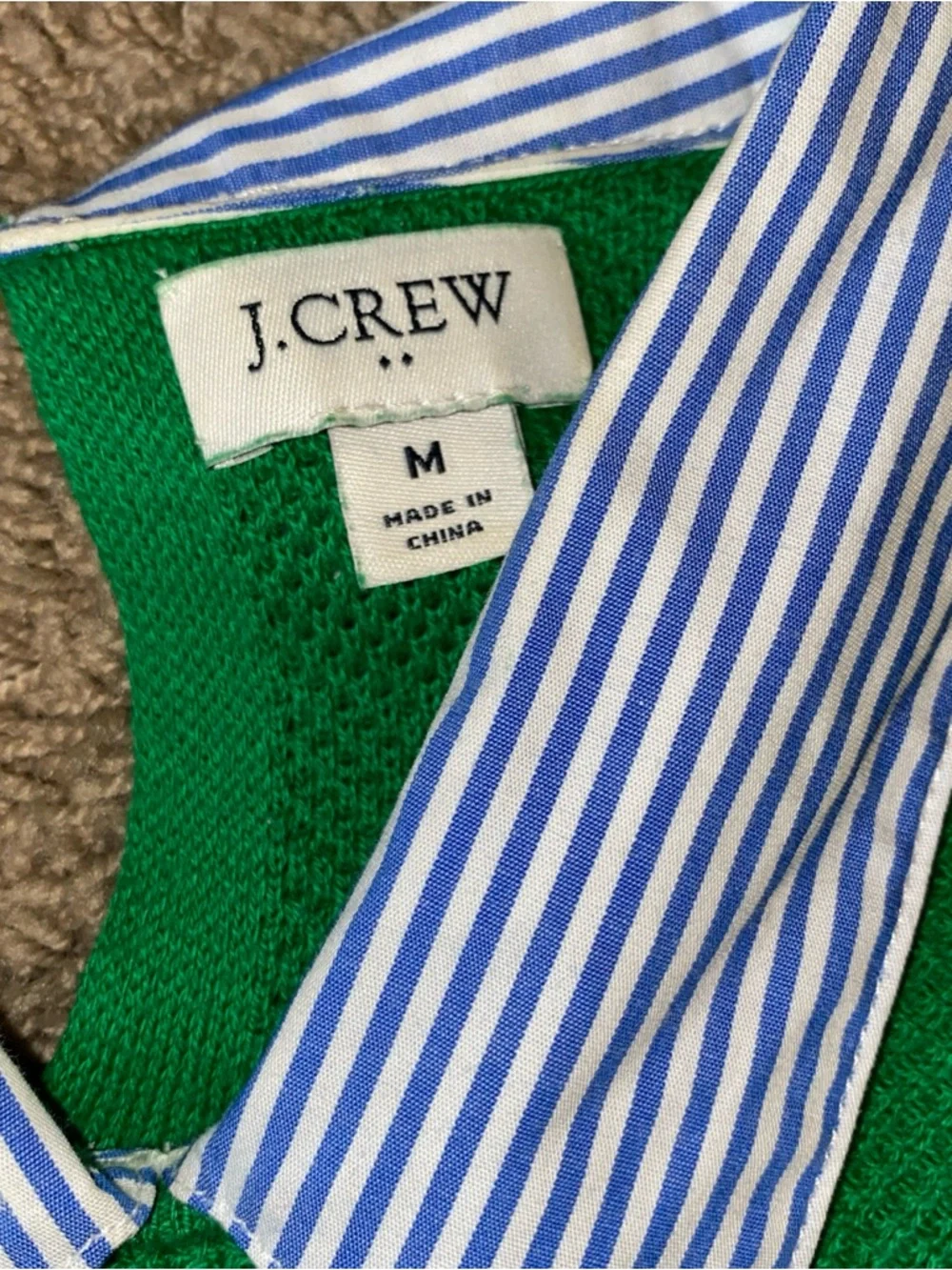 J.Crew Cotton Sweater with Contrast Striped Collar Womens M Green Preppy 90s